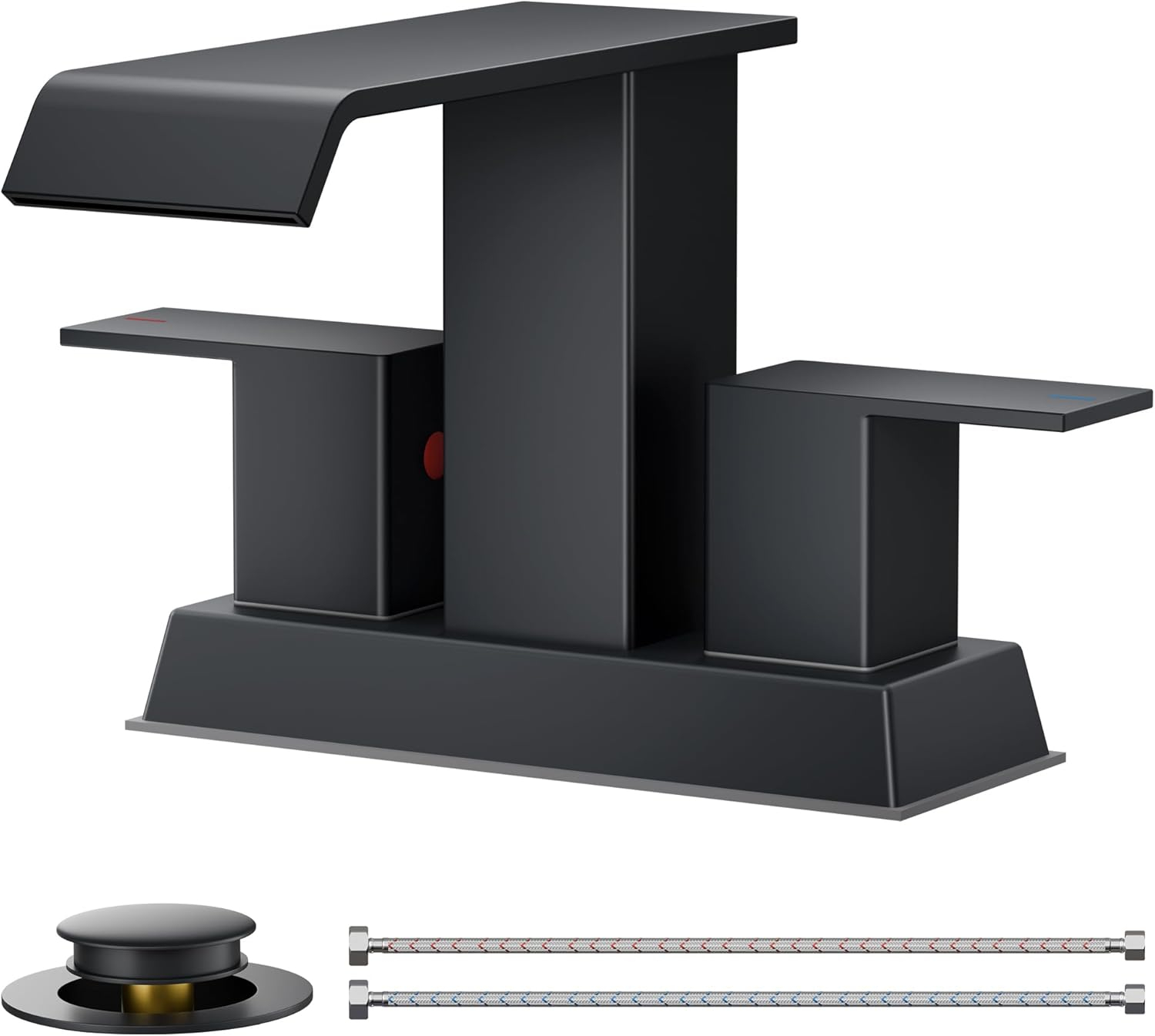 Matte Black Ceramic Disc Double Handle Bathroom Faucet with Pop-Up Drain Kit