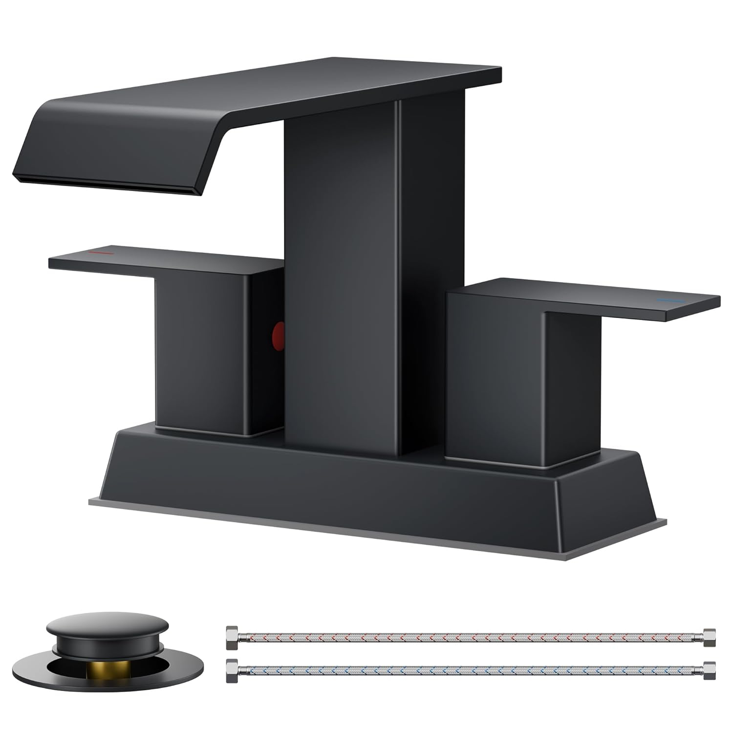 Matte Black Ceramic Disc Double Handle Bathroom Faucet with Pop-Up Drain Kit