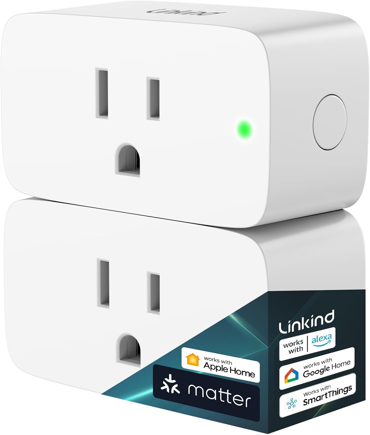Linkind Matter Smart Plug, Work with Apple Home, Siri, Alexa, 15A/1800W Max Smart Outlet, Smart Home Socket 2.4G Wi-Fi, APP Control, Timer, 2 Pack