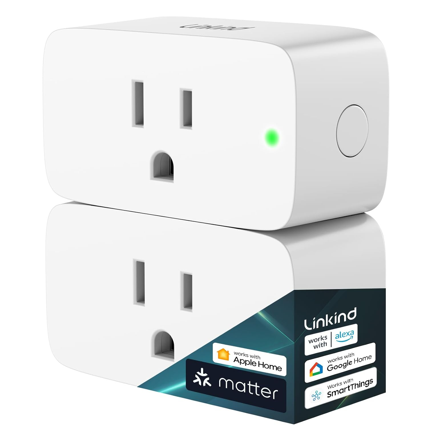 Linkind Matter Smart Plug, Work with Apple Home, Siri, Alexa, 15A/1800W Max Smart Outlet, Smart Home Socket 2.4G Wi-Fi, APP Control, Timer, 2 Pack