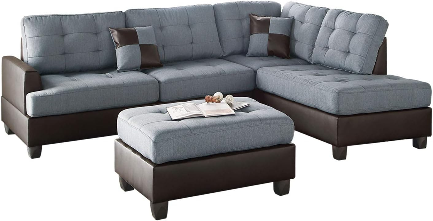 Gray Tufted Faux Leather Three Piece Sectional Sofa with Ottoman