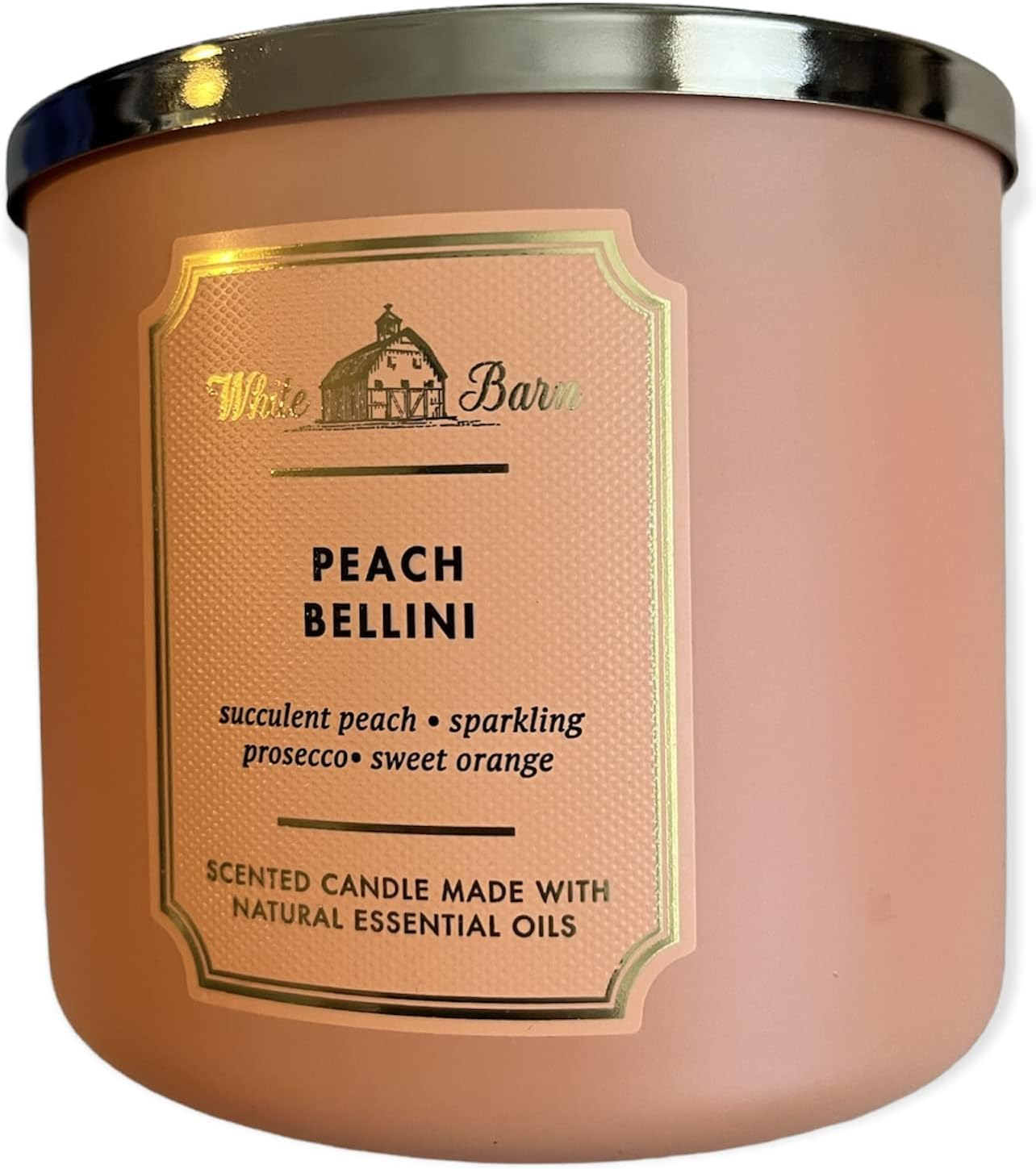 Bath and Body Works White Barn 3 Wick Scented Candle Peach Bellini with Essential Oils 14.5 Ounce