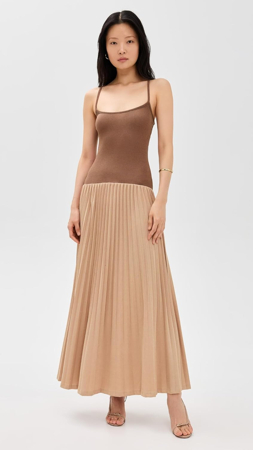 Chocolate Brown Sleeveless Maxi Dress with Pleated Skirt