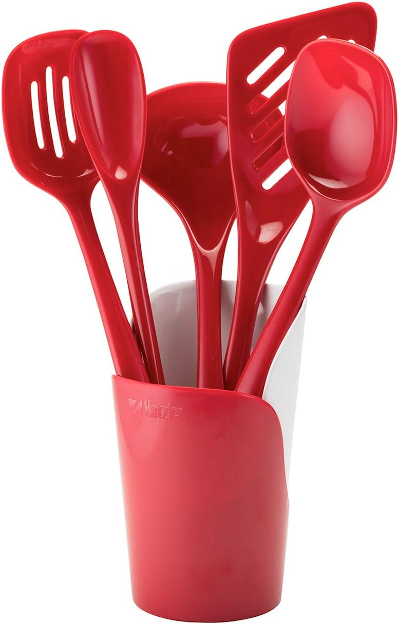 Hutzler 6-piece Melamine Cooking Utensils Set, Includes a 12-inch Long Slotted Spoon, Solid Spoon, Mixing Spoon, Slotted Turner, Soup Ladle, and Storage Crock - Red