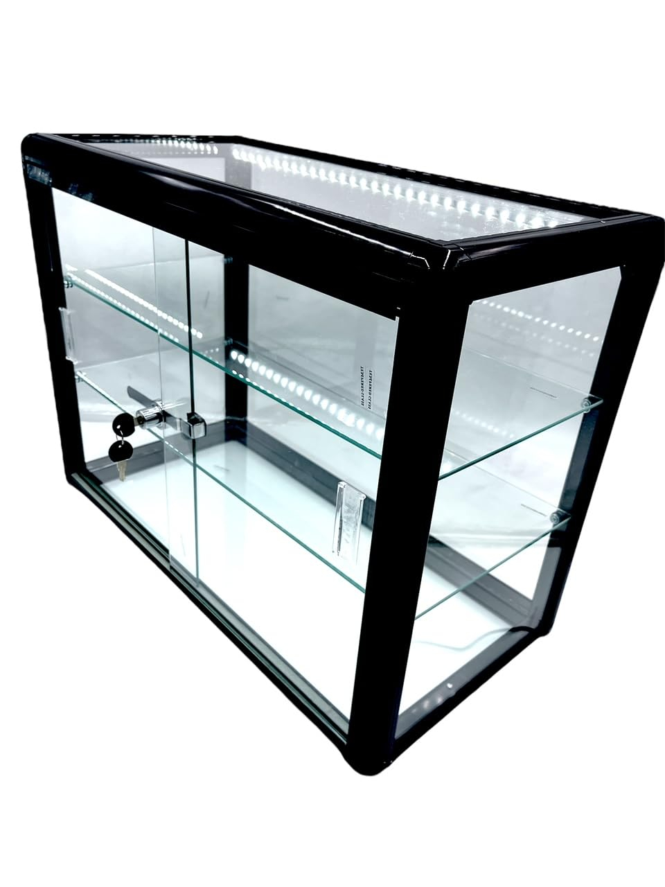 Only Garment Racks Elegant Black Aluminum Display Table Top Tempered Glass Show Case. Sliding Glass Doors with Lock