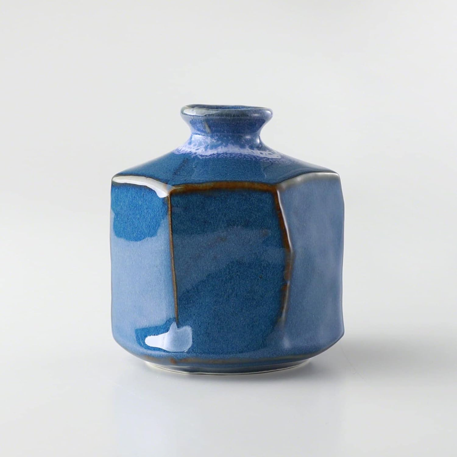 Wazakura Minoyaki Ceramic Small Ikebana Flower Bud Vase Hexagon Shaped Blue Made in Japan