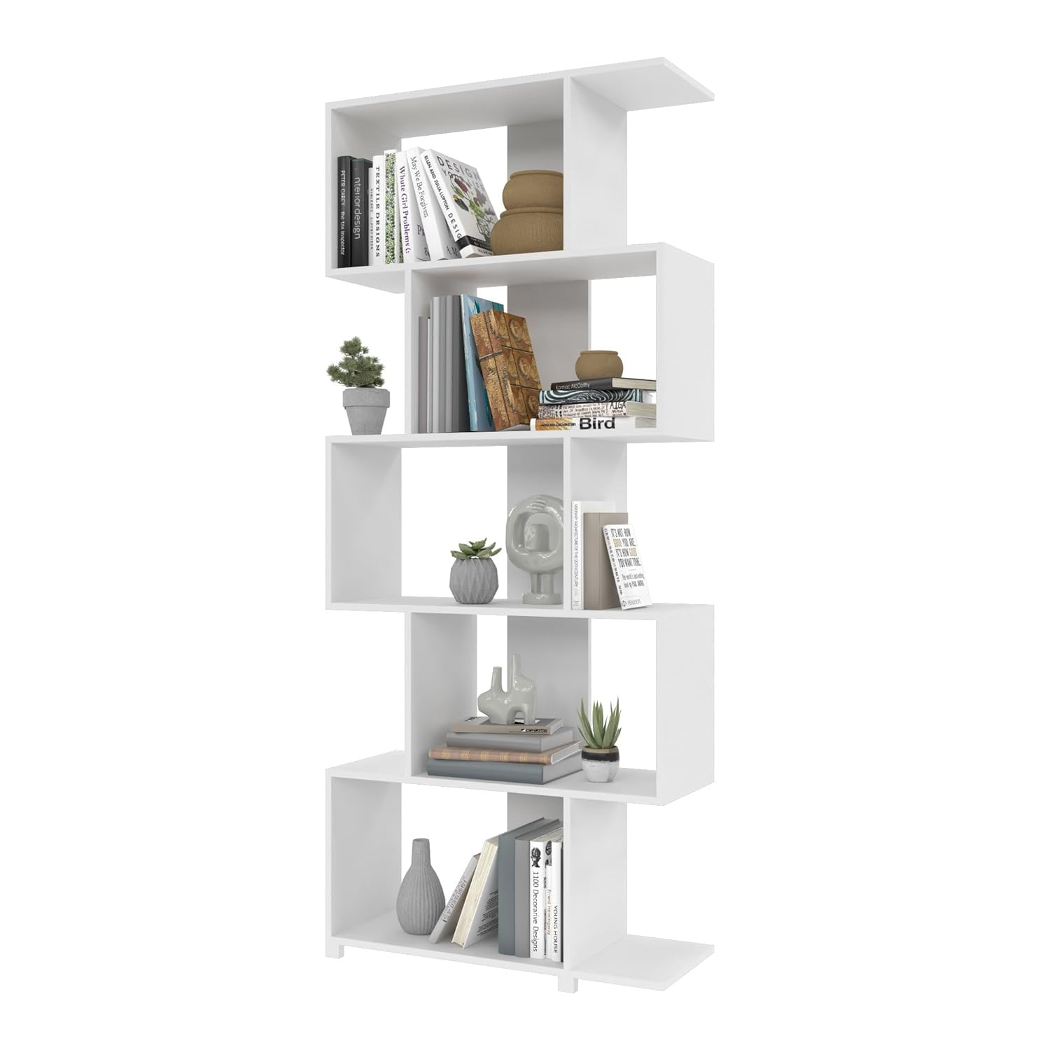 Manhattan Comfort Petrolina Bookshelf with 5 Zig-Zag Cubbies & Open Shelves, Unique Mid Century Modern Bookcase, Ideal for Living Room, Office, Bedroom, Display Ornaments, Trophies, Photos, White