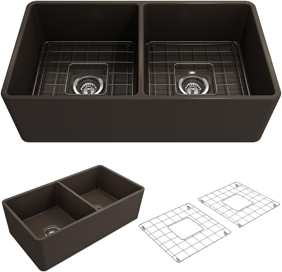 Matte Gray Fireclay Double Bowl Farmhouse Kitchen Sink