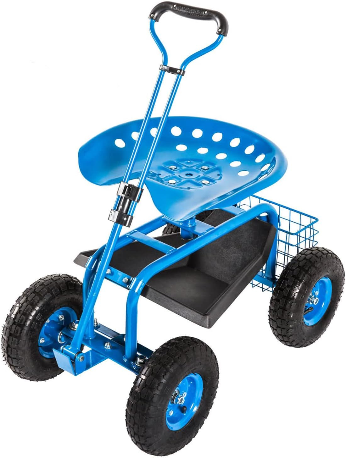 Rolling Garden Cart Scooter Stool - Garden Seat with Wheels Garden Cart with Seat, Adjustable Handle 360 Degree Swivel (Blue)