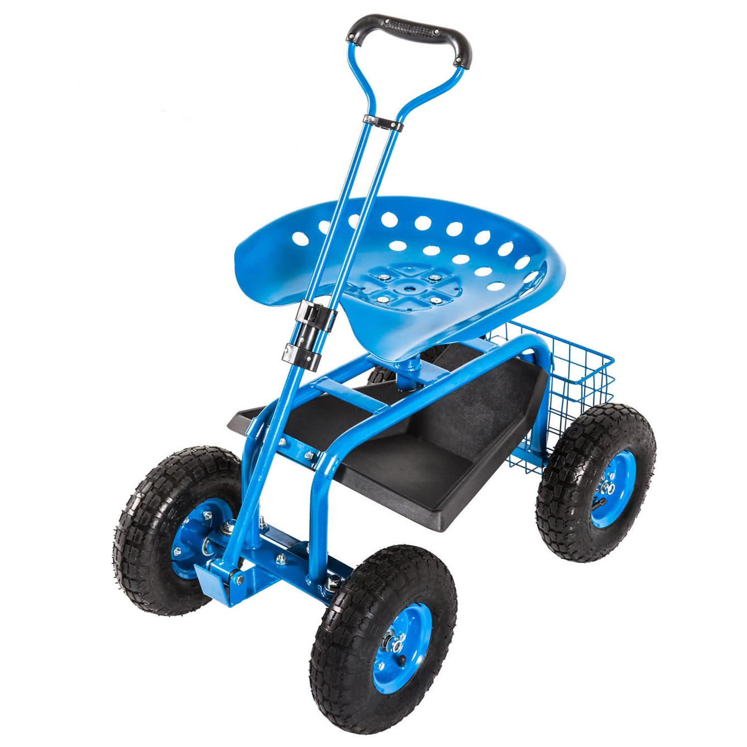 Rolling Garden Cart Scooter Stool - Garden Seat with Wheels Garden Cart with Seat, Adjustable Handle 360 Degree Swivel (Blue)