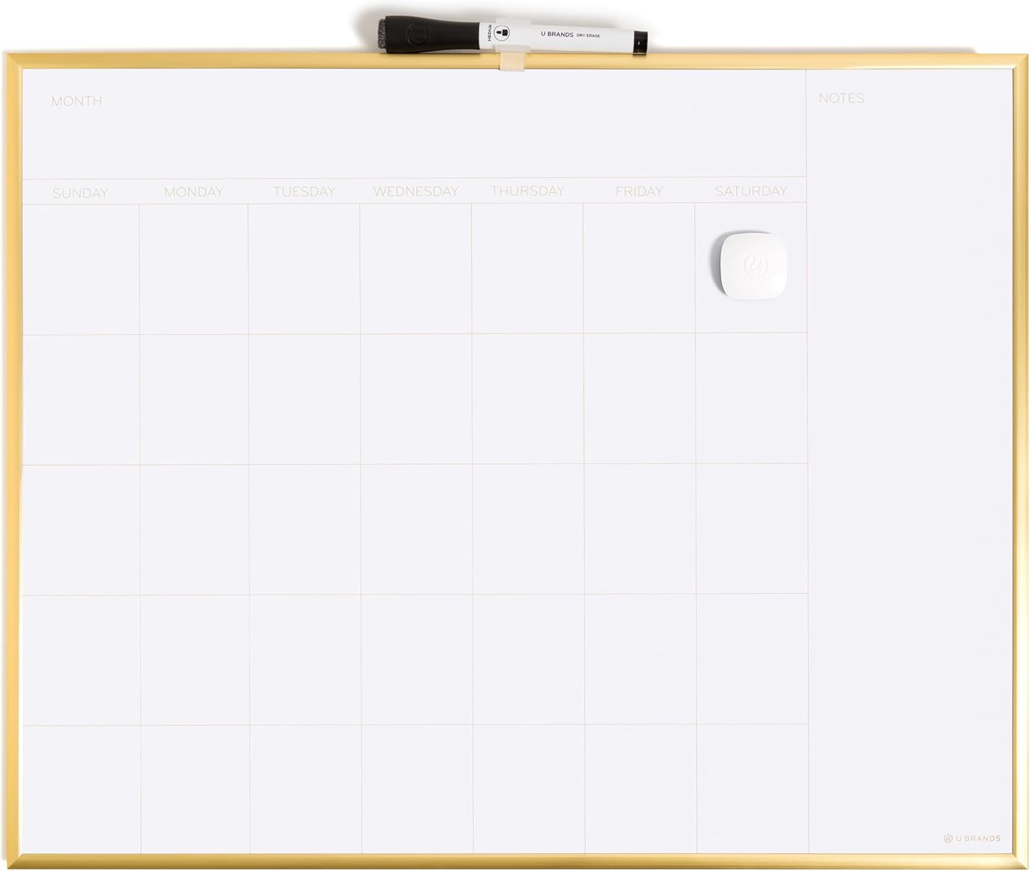 U Brands Magnetic Dry Erase Calendar White Board, 16" x 20", Gold Aluminum Frame, Includes Magnet and Marker