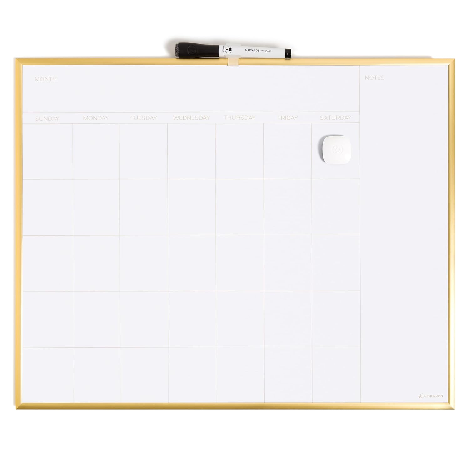 U Brands Magnetic Dry Erase Calendar White Board, 16" x 20", Gold Aluminum Frame, Includes Magnet and Marker