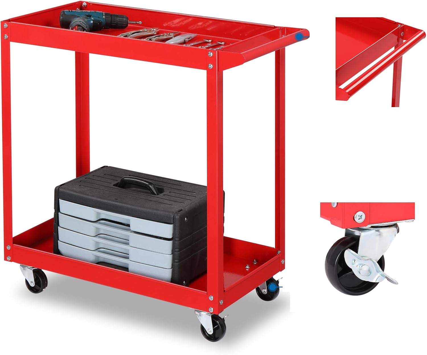 2 Tier Rolling Tool Cart, 220 LBS Capacity Industrial Service Cart w/Wheels, 2 Shelf Steel Utility Cart, Tool Storage Organizer for Mechanic, Garage, Workshop, Warehouse & Repair Shop, Red