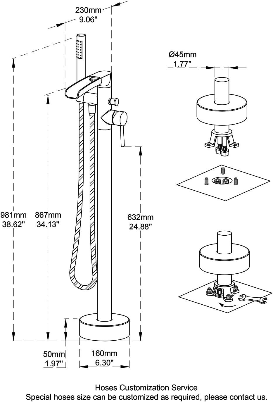 Free Standing Tub Faucet Brass Oil Rubbed Bronze Waterfall Freestanding Bathtub Faucet Floor Mount Tub Filler with Handheld Sprayer