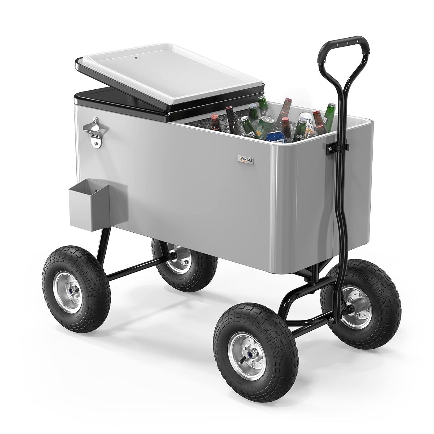 VINGLI 80qt. Wagon Rolling Cooler Ice Chest w/Long Handle and 10" Wheels, Patio Cooler, Outdoor Park Cart on Wheels
