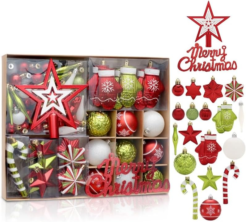 BENESKY Christmas Tree Decorations Set, 70ct Red and White Shatterproof Christmas Ball Ornaments Bulk, Hanging Ornaments for Christmas Trees Xmas Holiday Decor