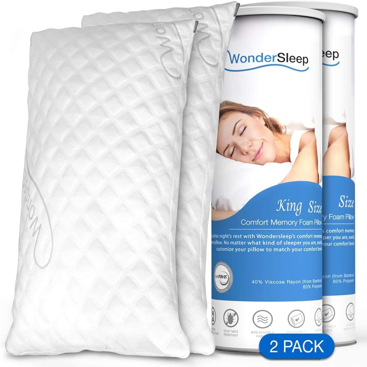 Pillow Premium Adjustable Loft-Shredded Memory Foam for Home & Hotel Collection + Washable Removable Cooling Bamboo Derived Rayon Cover