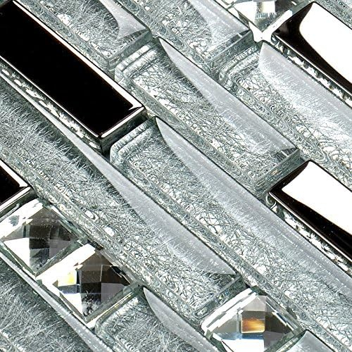 Glass Metal Tile Linear Mosaic Sparkle Silver Crystal Glass Chrome Metallic Stain Resistant for Kitchen Backsplash Bathroom & Shower Wall Tiles (3"x12" Sample)