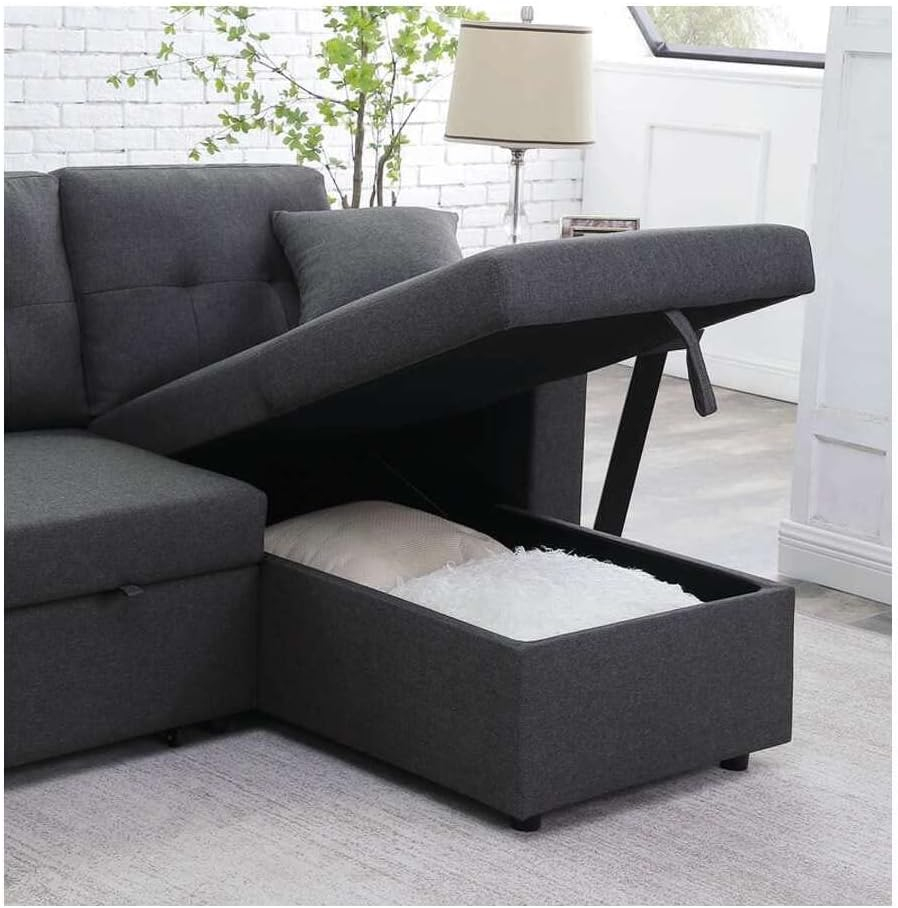 Lilola Home Linen Reversible Sleeper Sectional Sofa with Chaise Stools, Gray