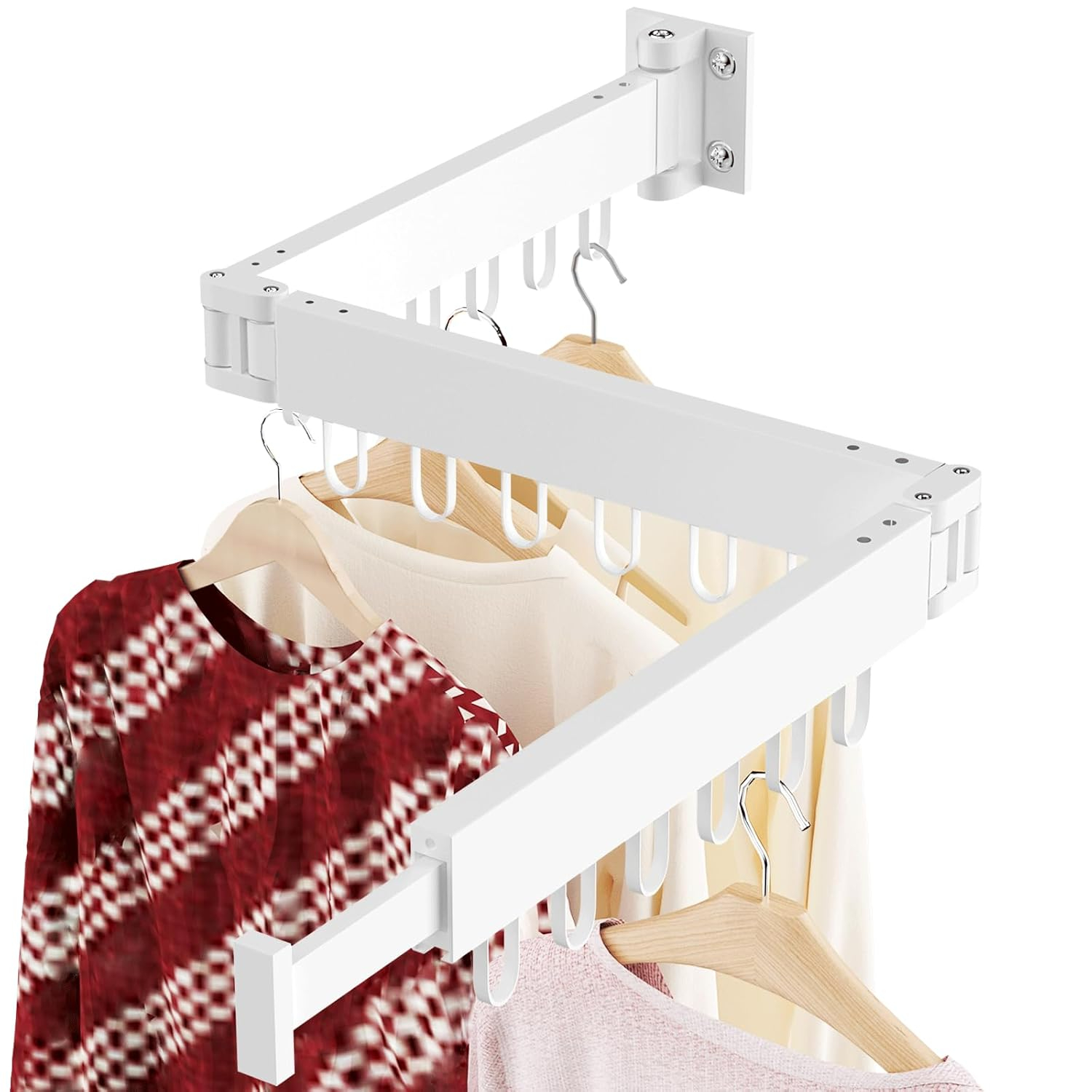 JAUREE Clothes Drying Rack Wall Mounted, Laundry Drying Rack Collapsible, Space Saving Wall Drying Rack Clothing Foldable, Tri-Fold Retractable Rack Outdoor Indoor with 18 Hooks, White