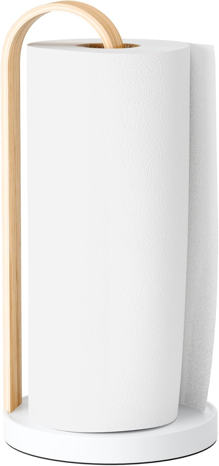 Umbra Bellwood Paper Towel Holder for Kitchen Countertop, with Real Wood Stand and Weighted Metal Base, White/Natural