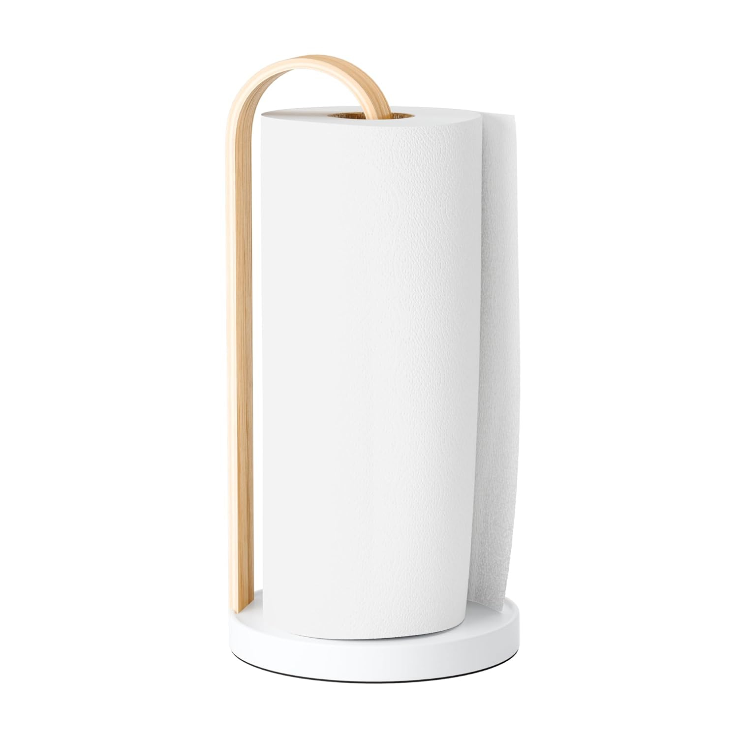 Umbra Bellwood Paper Towel Holder for Kitchen Countertop, with Real Wood Stand and Weighted Metal Base, White/Natural