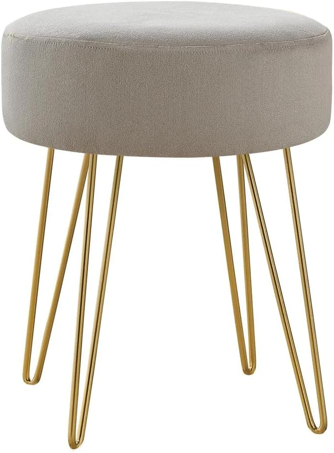 Ottoman, Pouf, Footrest, Foot Stool, 14" Round, Fabric, Metal Legs, Beige, Gold, Contemporary, Modern