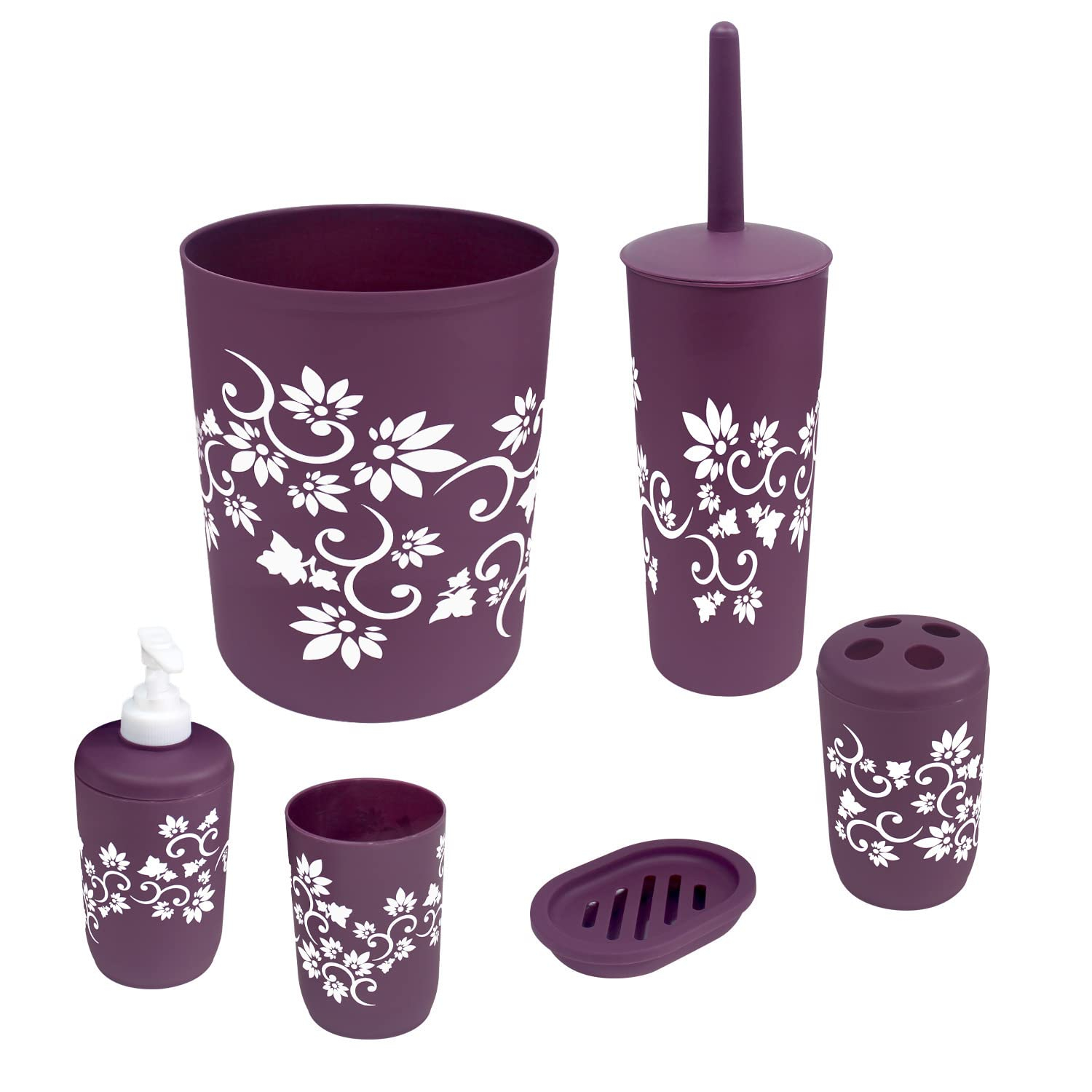 Blue Donuts Bathroom Accessories Set Complete, Toilet Brush and Holder, Trash Can, Toothbrush Holder, Purple, 6 Pieces