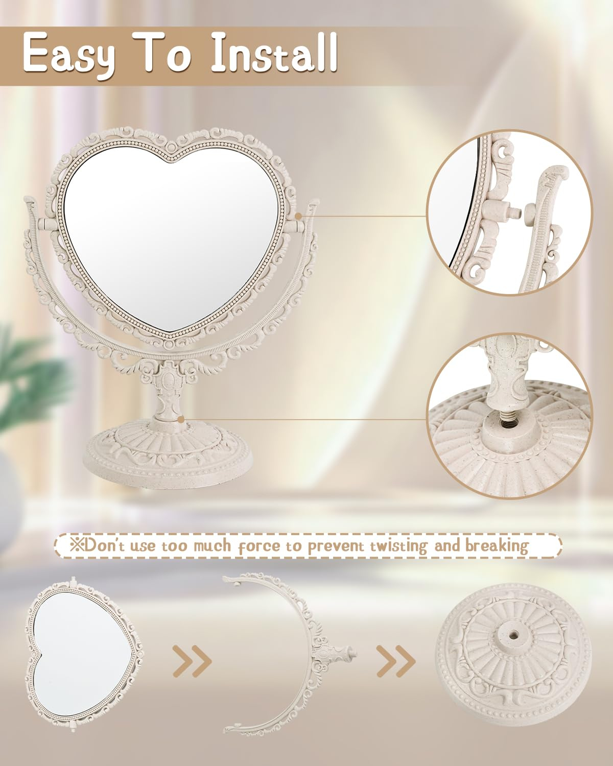 D&XQAUO Vintage Heart Mirror for Desk Cute Coquette Room Decor Small Mirror with Stand,Vanity & Bathroom Double-Sided Rotating Makeup Table Mirror