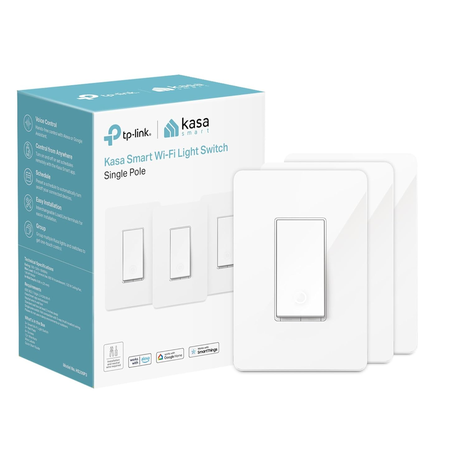 White Polycarbonate Wireless Smart Light Switch with Timer, 3-Pack