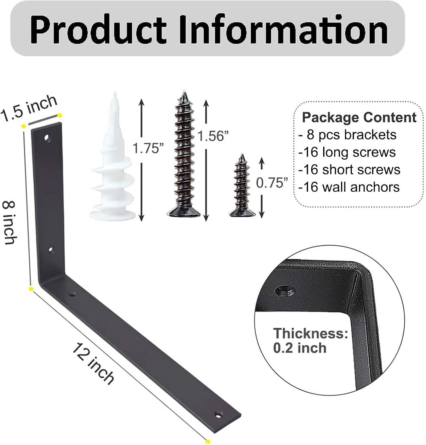 Shelf Brackets 12 Inch L Brackets for Shelves Heavy Duty Black Wall Brackets for Shelves 5mm Thick Metal Bracket Support for Shelf with Screws