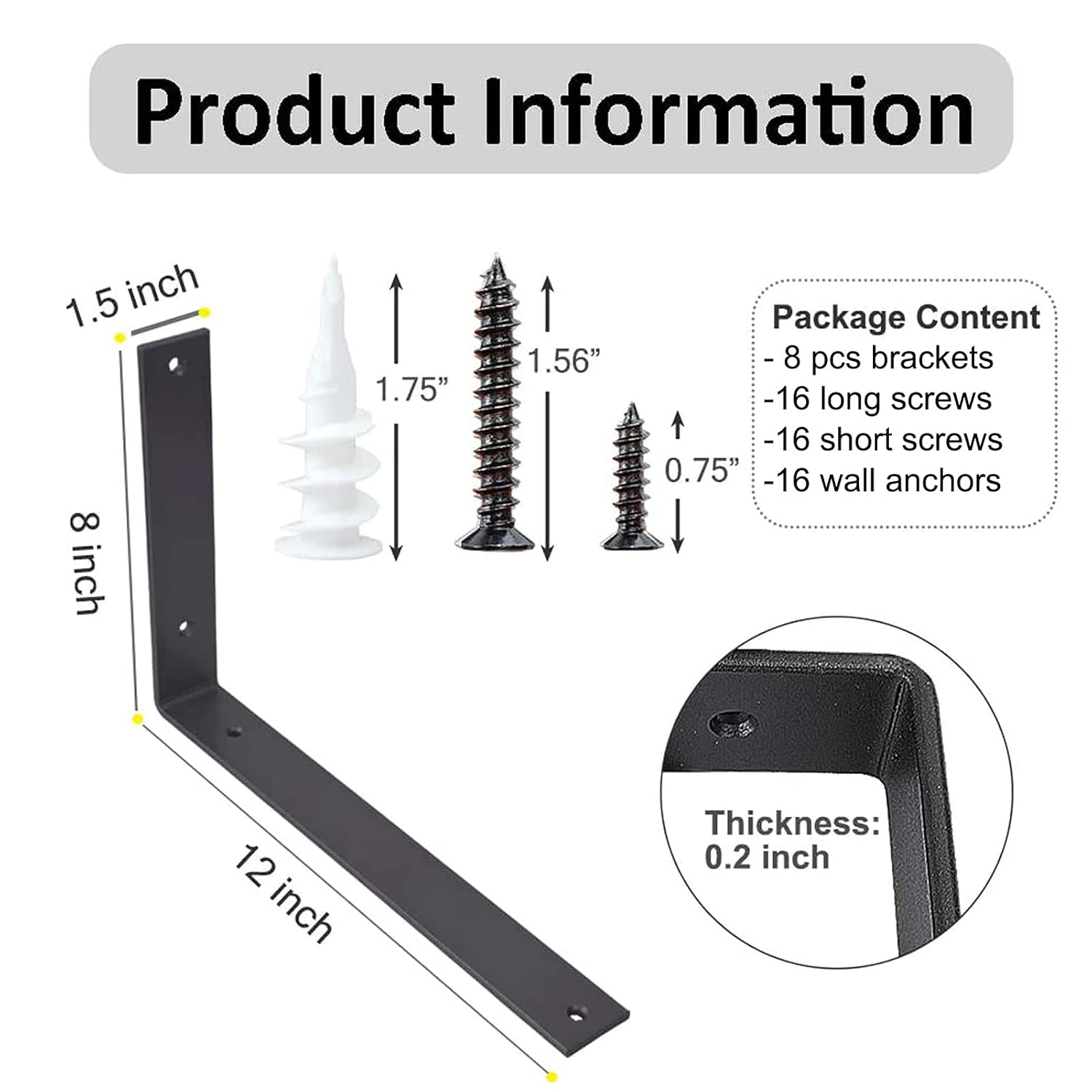 Shelf Brackets 12 Inch L Brackets for Shelves Heavy Duty Black Wall Brackets for Shelves 5mm Thick Metal Bracket Support for Shelf with Screws