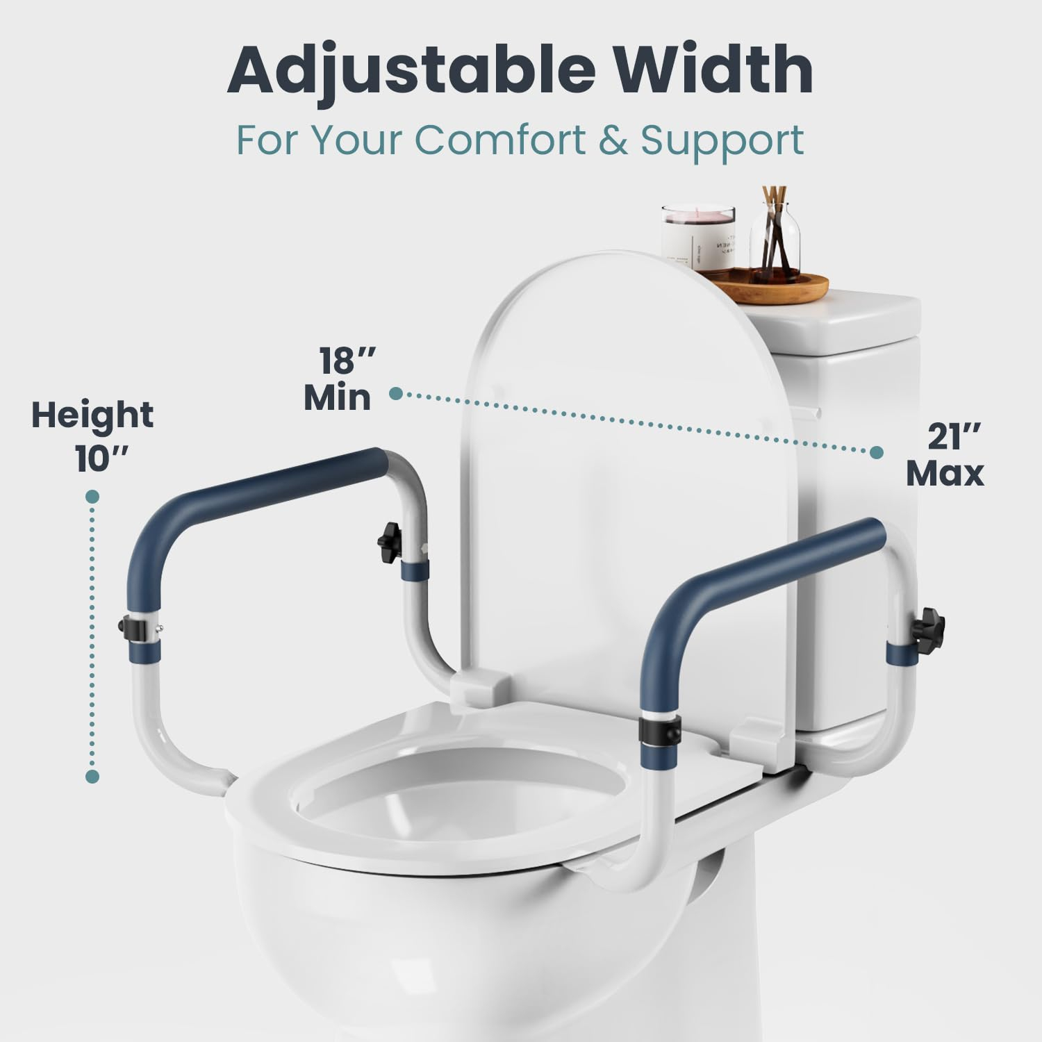 Adjustable White and Blue Metal Toilet Safety Rails with Handles