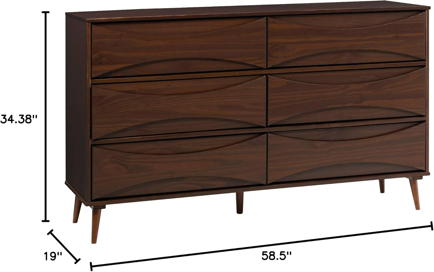 Walnut Mid-Century Modern 6-Drawer Solid Wood Dresser