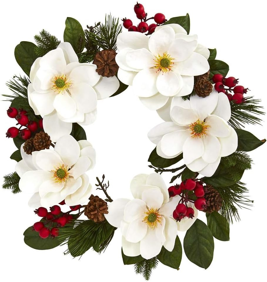 Nearly Natural 26” Magnolia, Pine and Berries Wreath
