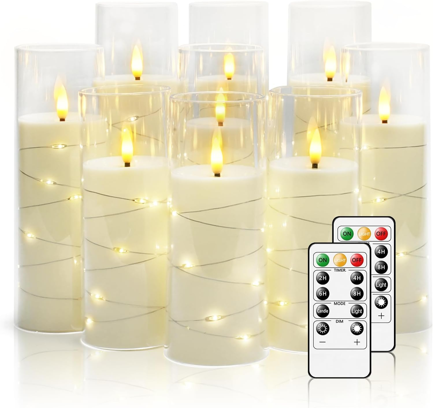 Raycare Flameless LED Candles with Embedded Star String, 9 Pcs Battery Operated Acrylic Pillar Candles with Timer and Remote, Flickering for Romantic Ambiance and Home Decoration (White)