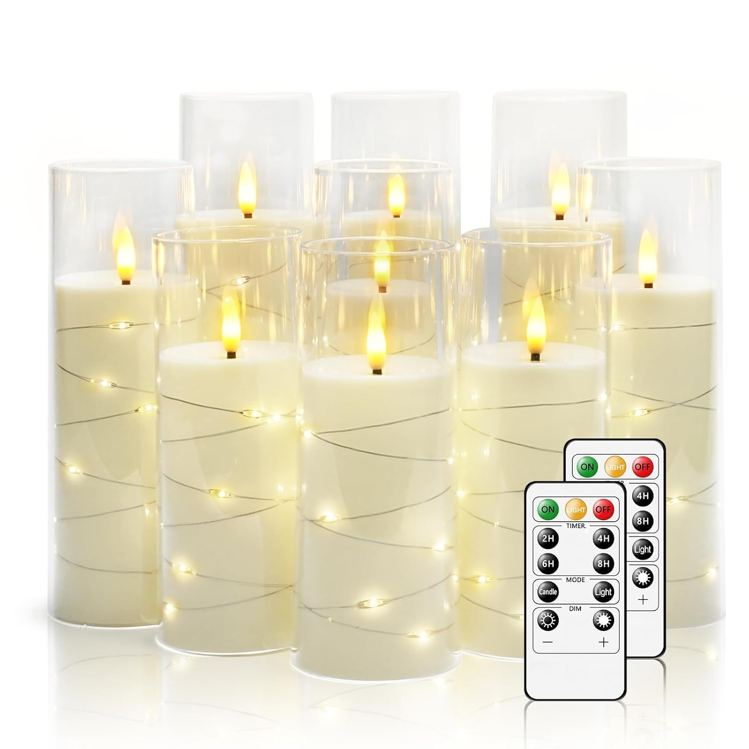 Raycare Flameless LED Candles with Embedded Star String, 9 Pcs Battery Operated Acrylic Pillar Candles with Timer and Remote, Flickering for Romantic Ambiance and Home Decoration (White)