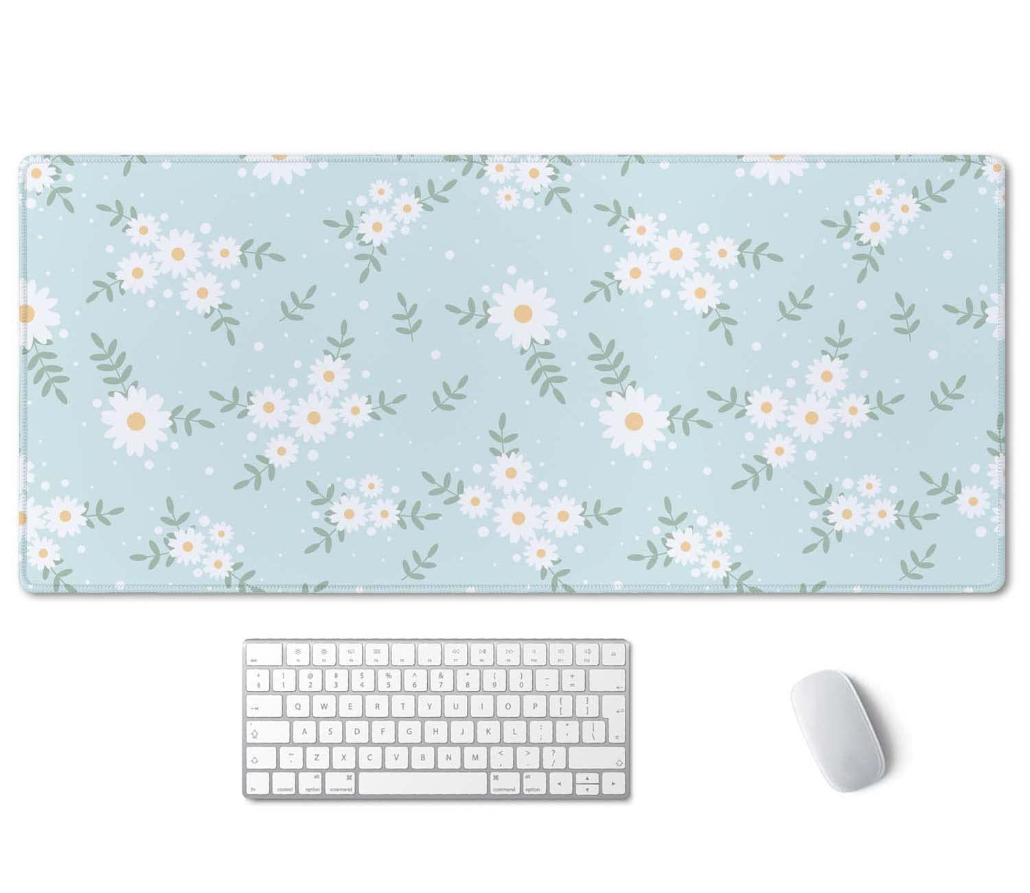 SSOIU Cute Spring Flowers Desk Mat, White Daisy Flower Mat, Extra Large Home Office Cute Accessories, Extended Mouse Pad, XXL Gaming Mouse Pad 35.5" X 15.7"