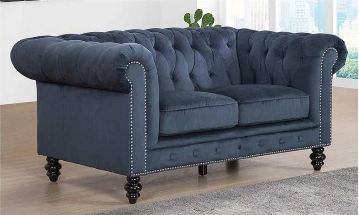 Elegant Navy Blue Velvet Chesterfield Loveseat with Silver Nailhead Accents
