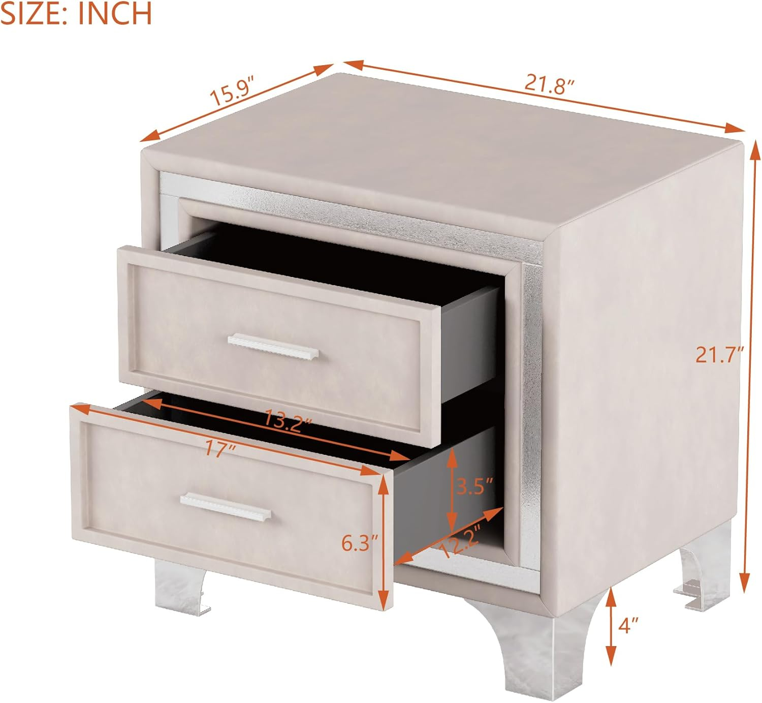 SOFTSEA Velvet Nightstand with 2 Drawers, Modern Upholstered Nightstand with Storage, Bedside Table End Table with Silver Glitter Strip & Metal Legs for Bedroom, Living Room, Easy Assembly, Beige