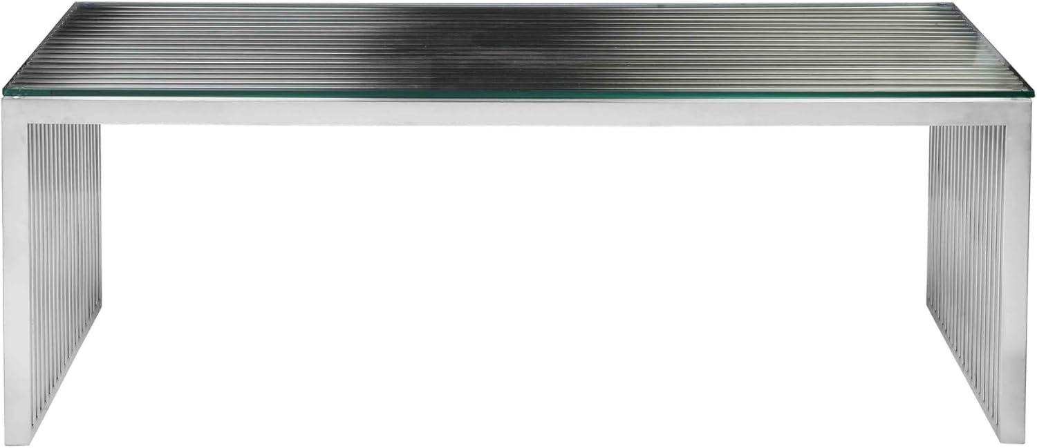 Benjara Meza 47 Inch Coffee Table, Glass Top, Waterfall Slatted Panel Frame, Silver