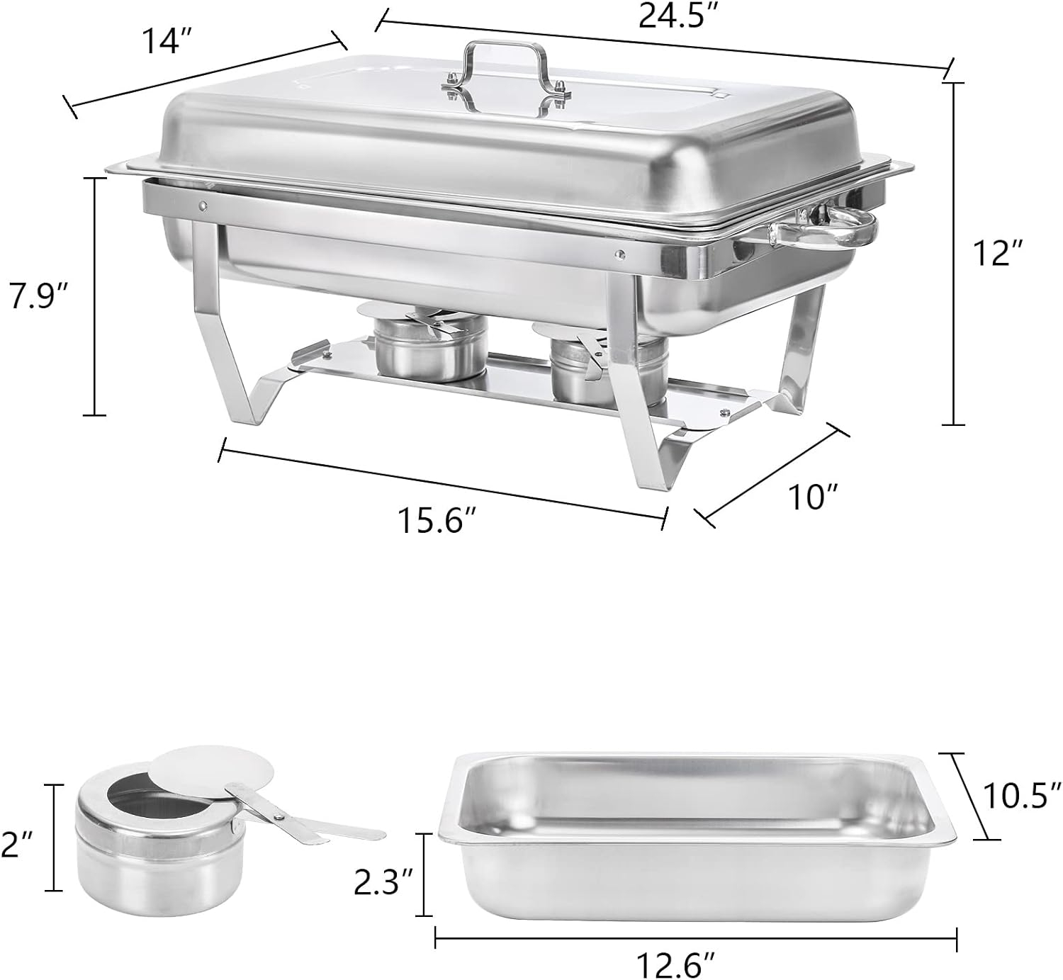 Fasmov Chafing Dish Buffet Set, 8 Quart Stainless Steel Catering Serve Chafer, Restaurant Food Warmer, Rectangular Buffet Stove with 2 Half Size Food Pans and Folding Frame
