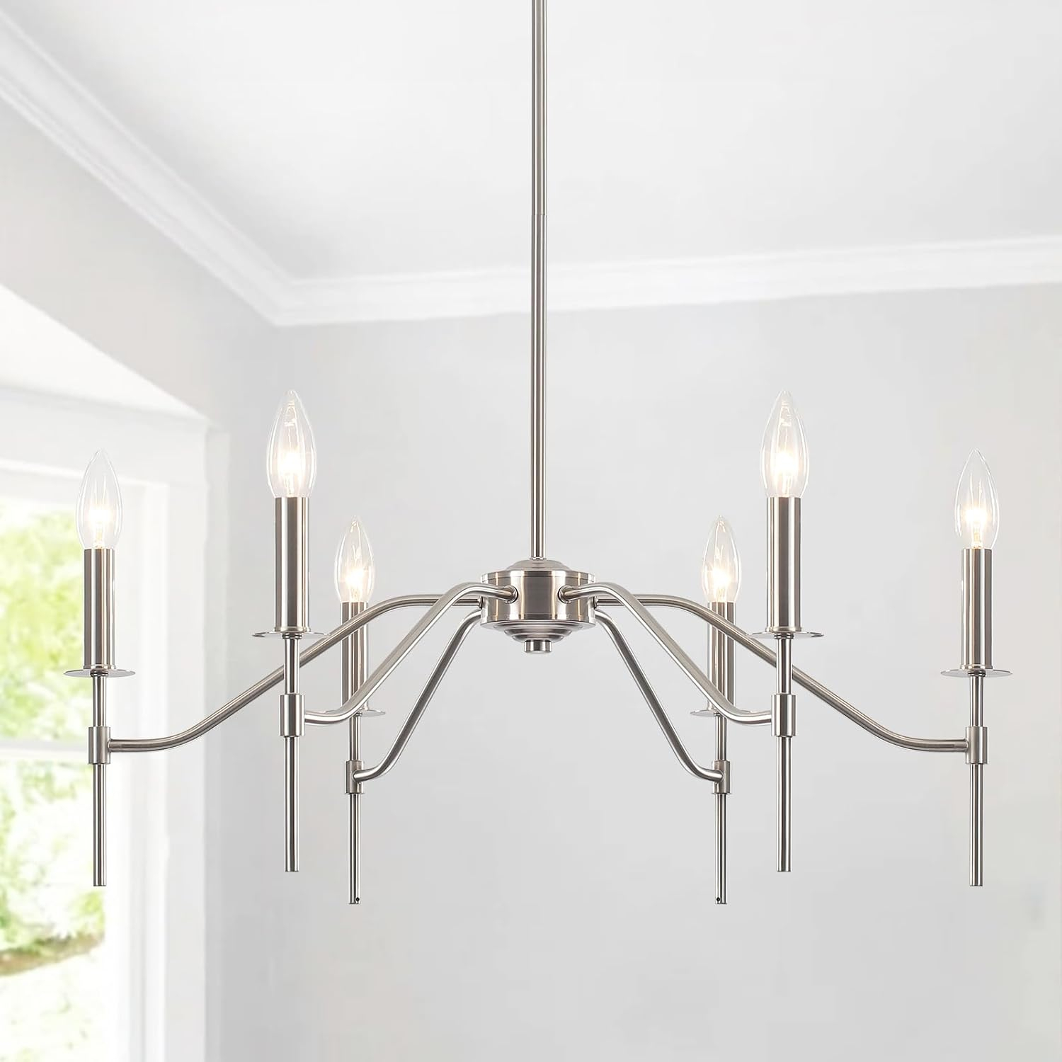 6-Light Farmhouse Chandelier for Dining Room Lighting Fixtures Hanging Brushed Nickel Chandelier for Kitchen Industrial Pendant Candle Lighting or Living Room Entryway Bedroom Foyer
