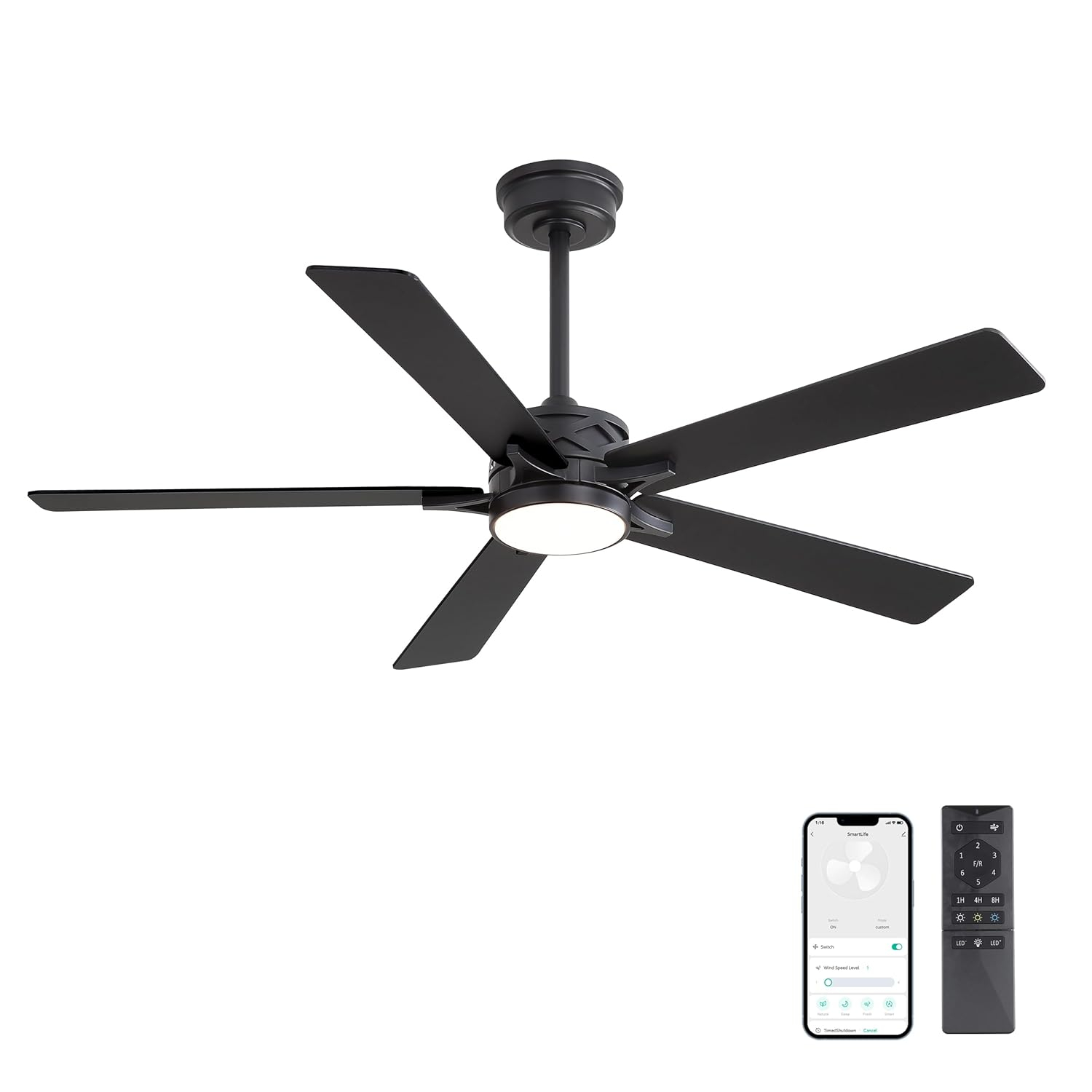 52" 5 Baldes Smart Wifi Ceiling Fan with Remote and Dimmable LED Light Dark Wood