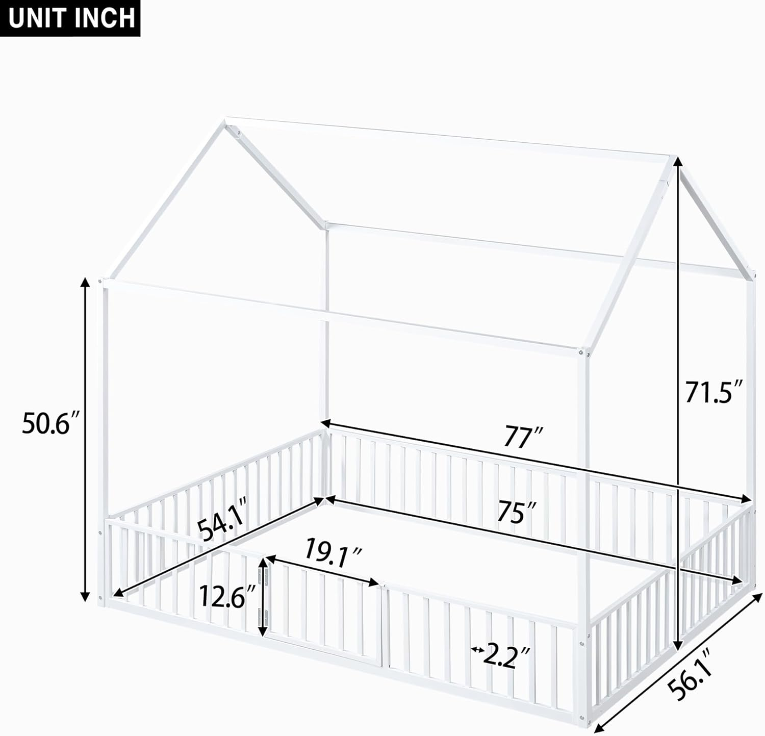 Bellemave Full Size Montessori House Bed for Kids, Metal Floor Beds with Fence Railings & Door, Twin Playhouse Bed for Boys Girls, Box Spring Needed, White