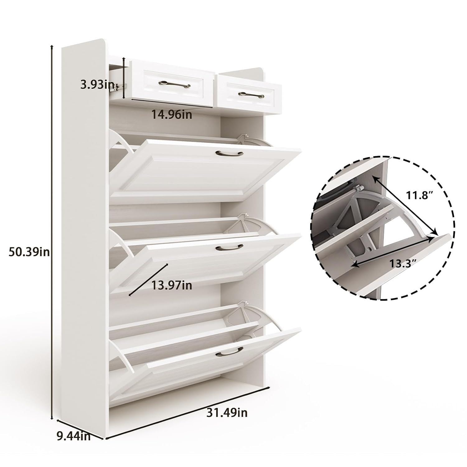 Miniyam Shoe Cabinet, Flip Down Freestanding Shoe Rack with Drawers, Entryway Shoe Storage Organizer, White