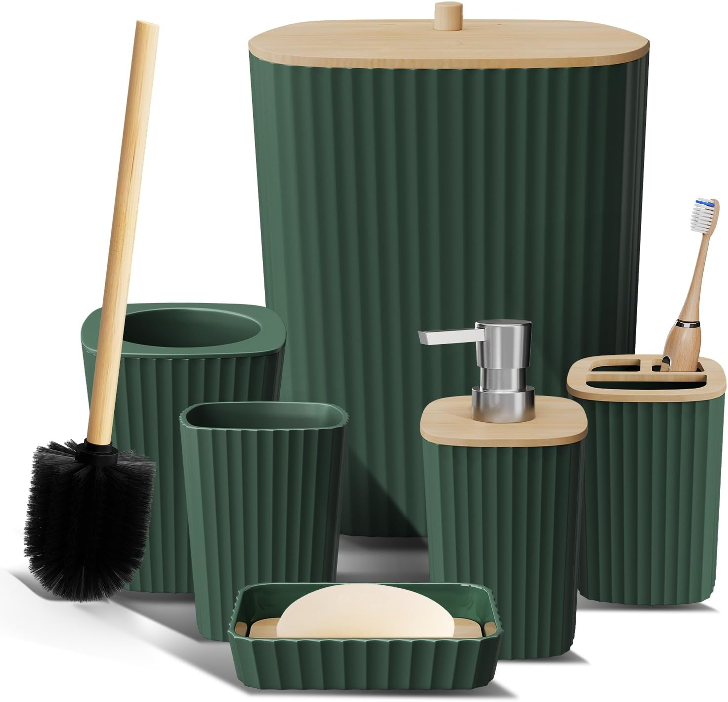 Clara Clark Bathroom Set - Hunter Green Bathroom Accessories Set, 6PC Bathroom Accessory Set, Bathroom Sets with Toilet Brush, Trash Can & Soap Dispenser