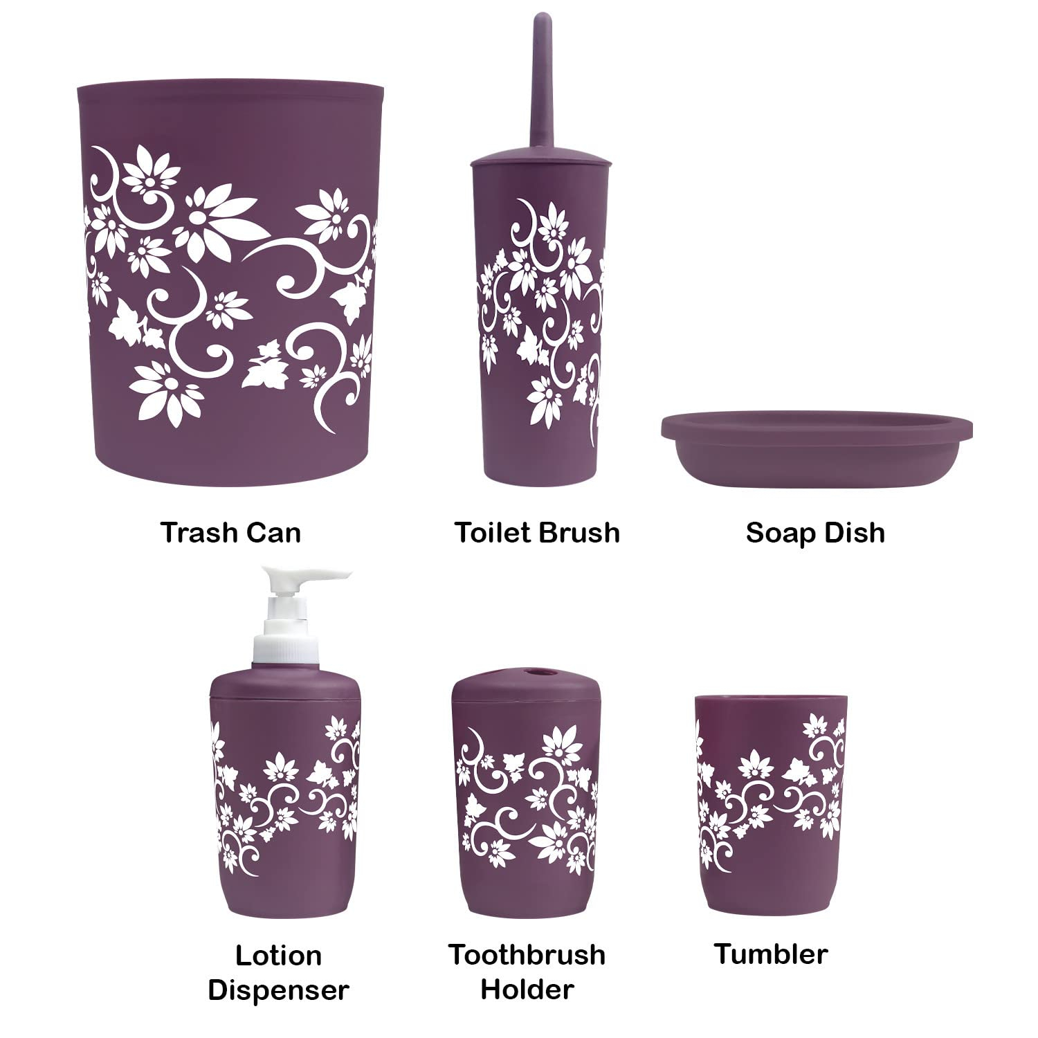 Blue Donuts Bathroom Accessories Set Complete, Toilet Brush and Holder, Trash Can, Toothbrush Holder, Purple, 6 Pieces