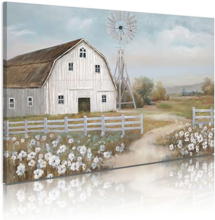 Pictures of Barns Prints Wall Canvas Old Rustic Bedroom Windmill Wall Decor Farmhouse Barn Pictures wall Art Blue sky and White Floral Retro Paintings (24"x 16"x 1panel)