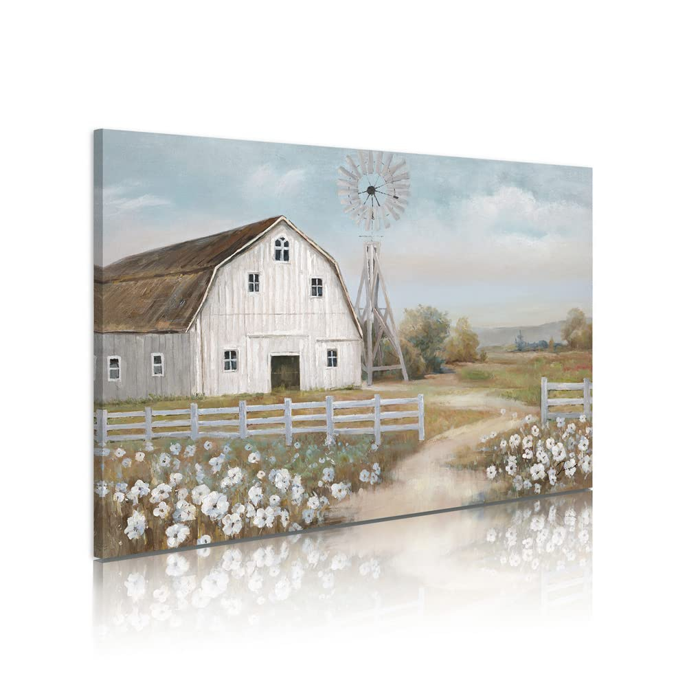 Pictures of Barns Prints Wall Canvas Old Rustic Bedroom Windmill Wall Decor Farmhouse Barn Pictures wall Art Blue sky and White Floral Retro Paintings (24"x 16"x 1panel)